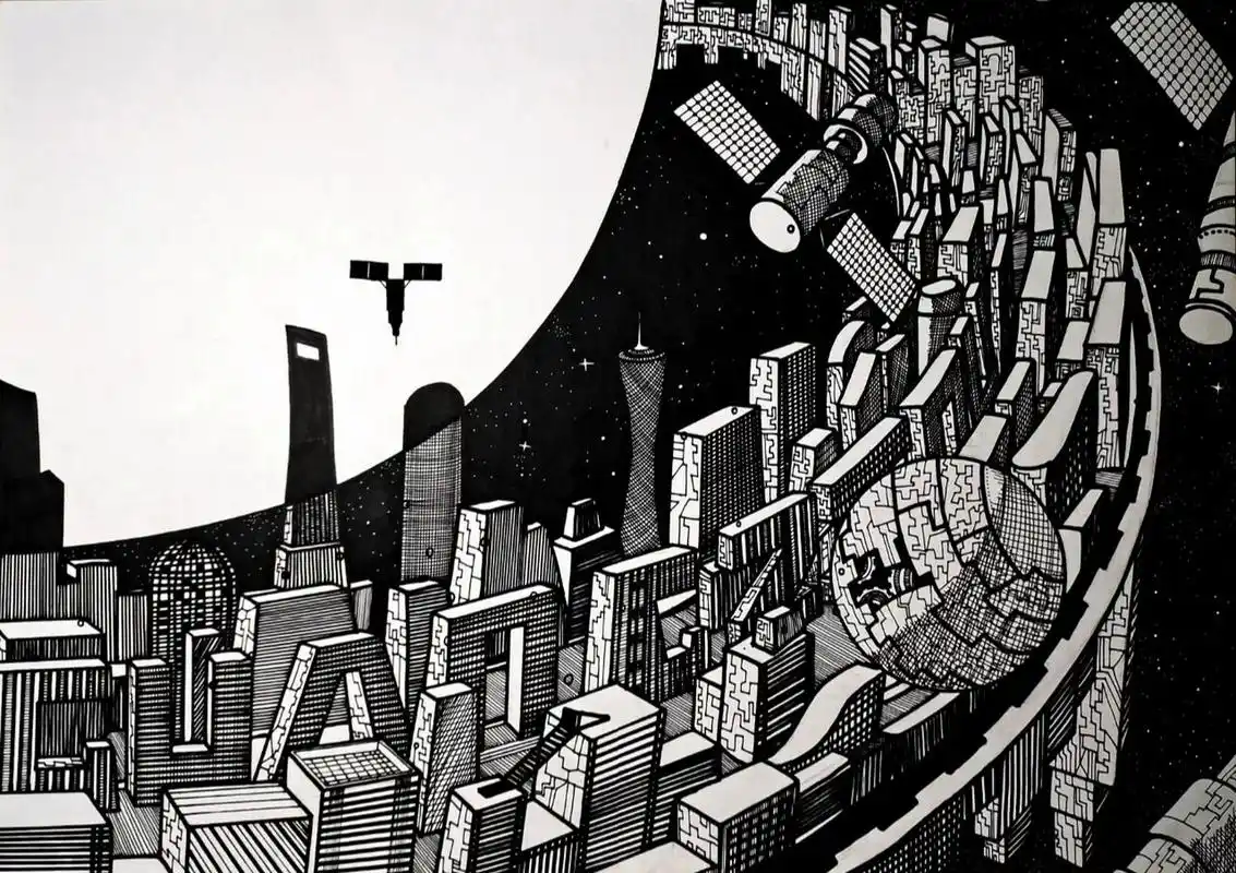 原创未来科幻城市手绘黑白画 1,乱七八糟起了个草稿.