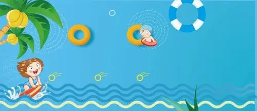 手绘卡通儿童可爱两个女孩游泳宣传蓝色背景海报