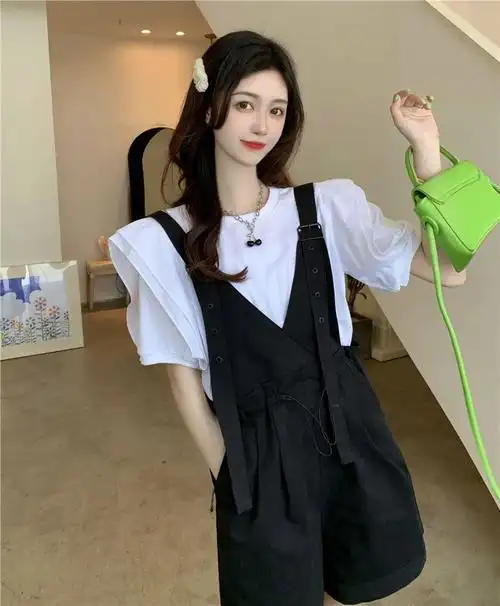 花苞裤背带裤黄色花苞背带裤短裤女夏季宽松休闲直筒裤收腰高腰连体阔