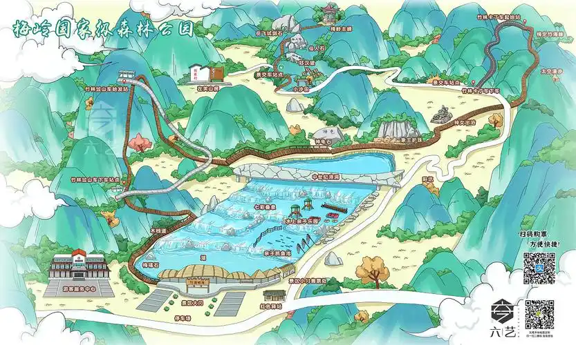 竹海明珠梅岭国家级森林公园手绘地图景区导览图|插画|商业插画|六艺