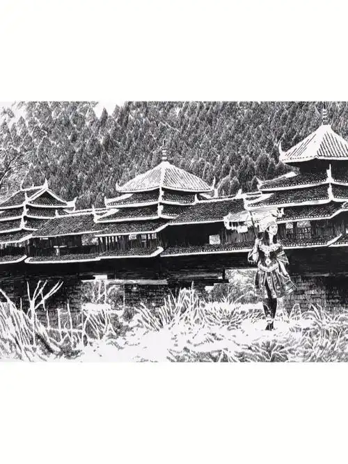 钢笔画风雨桥系列