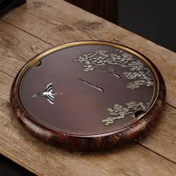 黄铜茶盘功夫茶盘圆形复古纯黄铜干泡茶托盘轻奢现代家用茶海小茶台