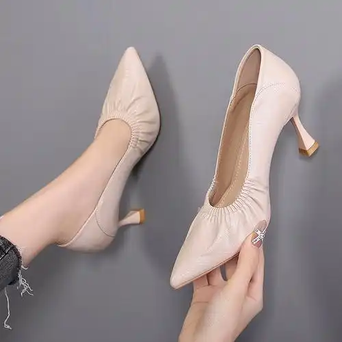 春大东职业工作鞋女尖头浅口松紧细跟女鞋气质两穿高跟鞋真皮单鞋