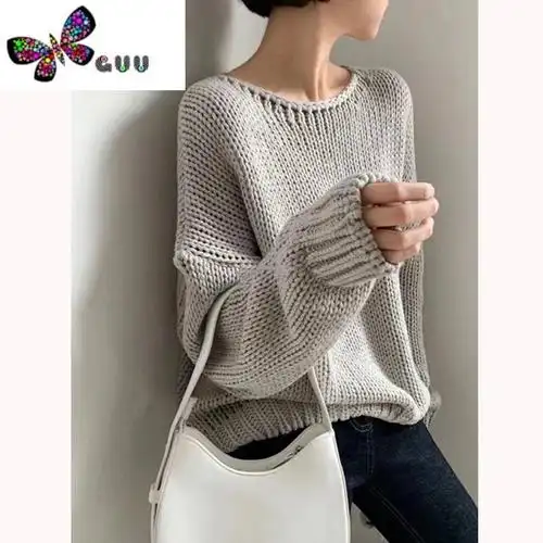 语娄复古高级感粗棒针一字领套头毛衣女宽松慵懒风软糯针织衫上衣