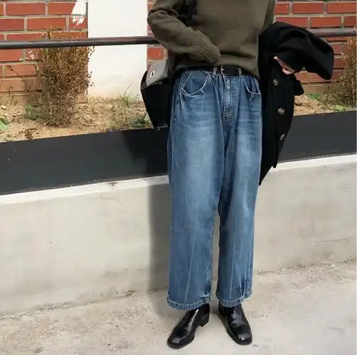 21#现货 可调节腰口独特设计 宽大卷裤腿 阔腿牛仔裤 挽裤脚