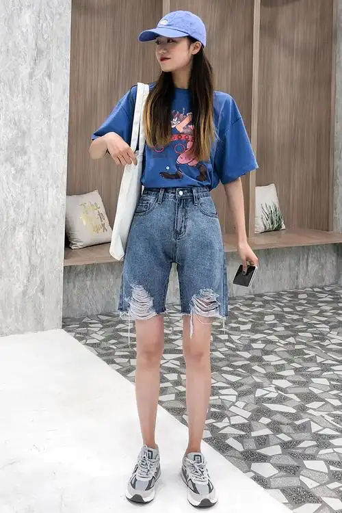 实拍 五分牛仔裤女胯大腿粗的高腰阔腿宽松显瘦破洞中裤多色可选