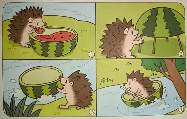 四幅图的看图写话习作:西瓜亭和西瓜船