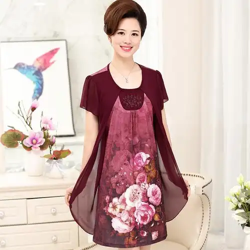 中老年妈妈装夏装连衣裙民族风大码中年女装中长款裙子4050女上衣