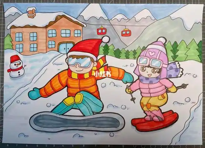 手绘滑雪儿童画 冬季雪景简笔画冬奥会鸟巢手绘滑雪简笔画雪景