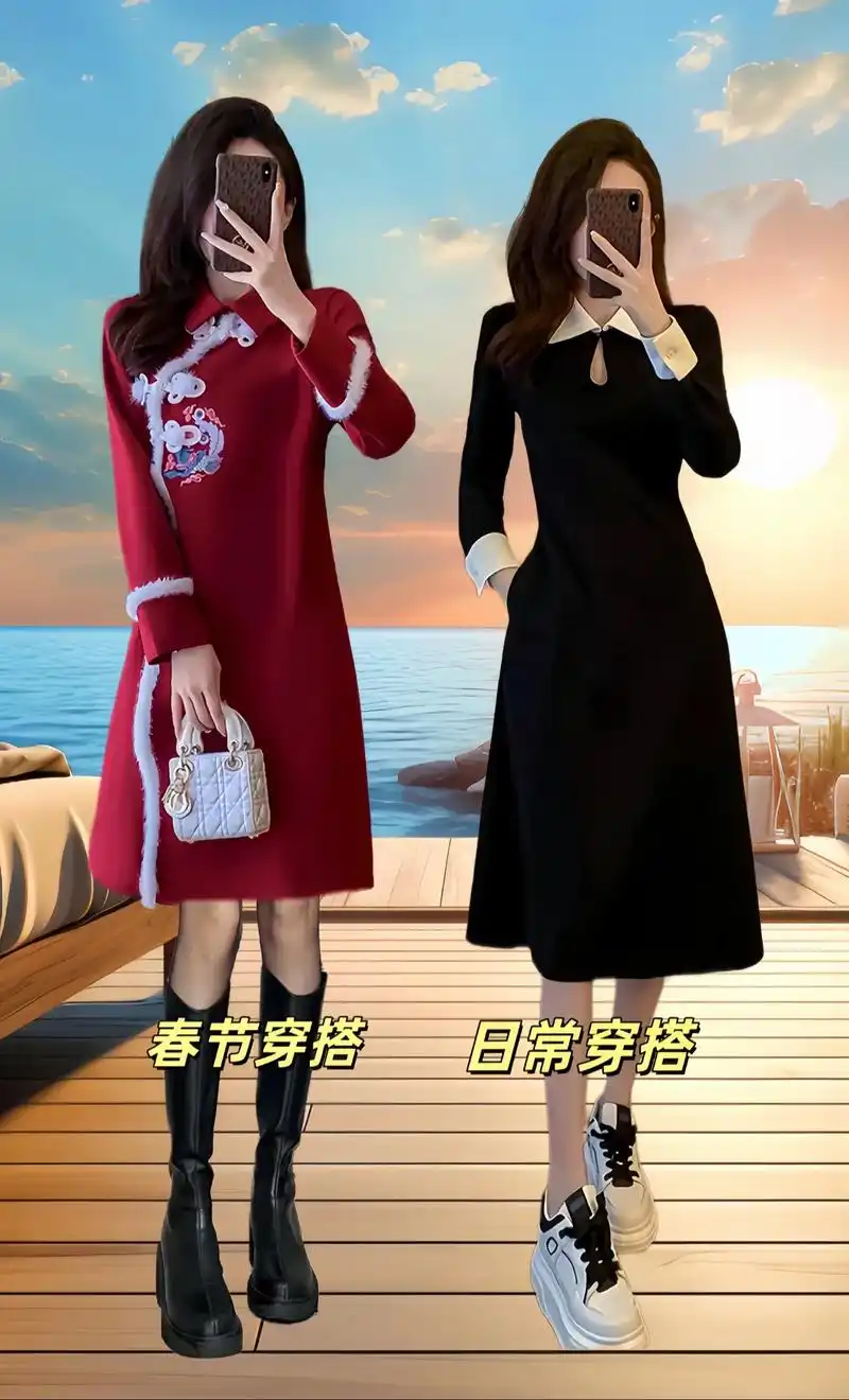 秋冬加绒打底连衣裙来了.姐妹们,这款黑白撞色翻领小黑裙,真的 - 抖音
