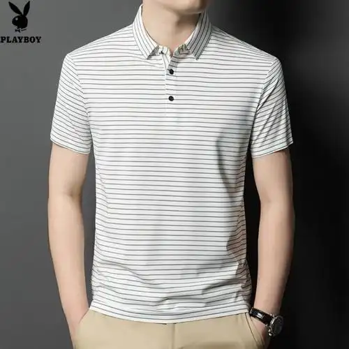 花花公子2024新款夏装黑白条纹短袖男士t恤翻领商务休闲大码男装体恤