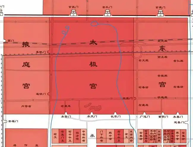 唐长安宫城布局图(罔山原创)   唐长安宫城内,太极宫东侧的"