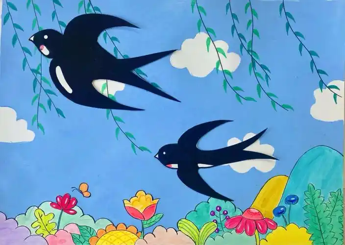 一幅适合小学生的春天主题画,花朵,燕子柳树元素
