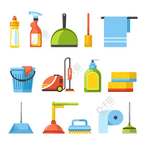 吸尘器和肥皂,插入和拖把.家庭和家政设备,清洁工具隔离图标