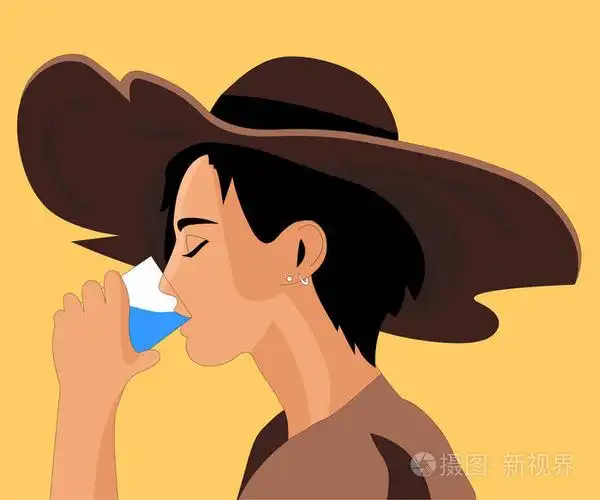 女孩在喝水. 矢量图形