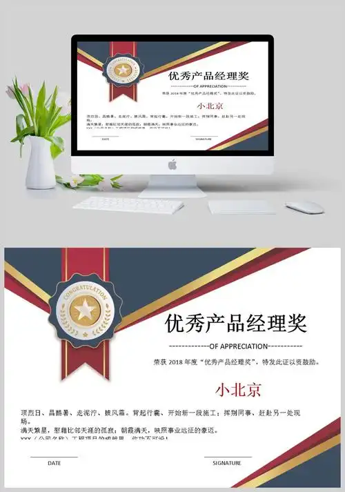 产品经理荣誉证书ppt模版