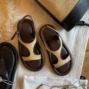 软底松糕罗马凉鞋复古草编真皮一字带厚底凉鞋凉拖女夏季羊皮版