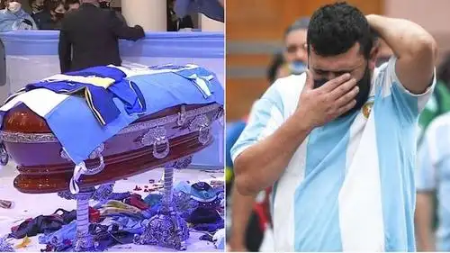 马拉多纳灵柩上巨大10号球衣抢眼,球迷为向偶像遗体告别爆发骚乱