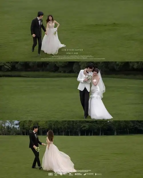 清新绿色草坪婚纱照这样拍也太浪漫啦