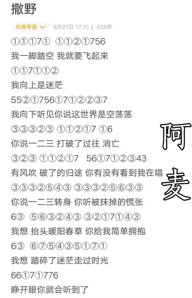 回复 @牧四诚92的评论 #阿麦97 #光遇琴谱 #撒野   - 抖音