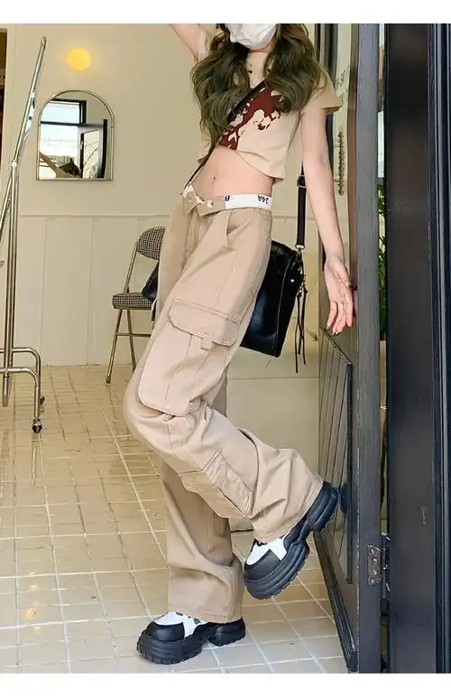 卡其色高腰工装裤女直筒宽松复古美式高街不踩雷牛仔穿搭阔腿裤子
