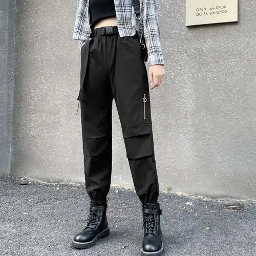 实拍 工装裤女高腰黑色裤子直筒运动裤束脚百搭休闲裤潮