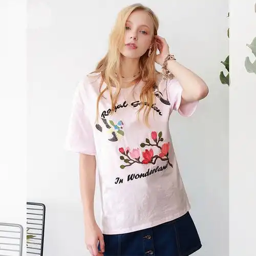 拉夏贝尔lababite夏装t恤女短袖新款甜美立体花朵钉珠刺绣t恤女学生