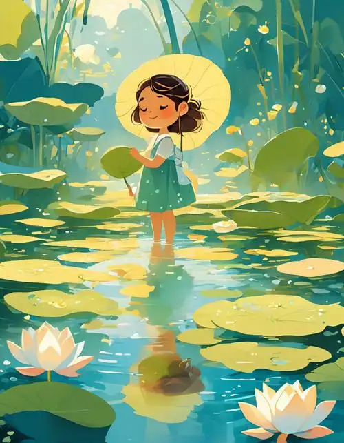 大暑夏日可爱女孩睡莲插画