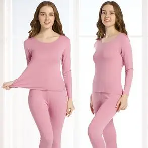 纯色德绒无痕保暖衣女士套装加绒加厚女秋衣秋裤自发热打底衫冬