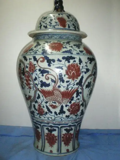 元青花釉里红开光缠技牡丹凤纹将军罐