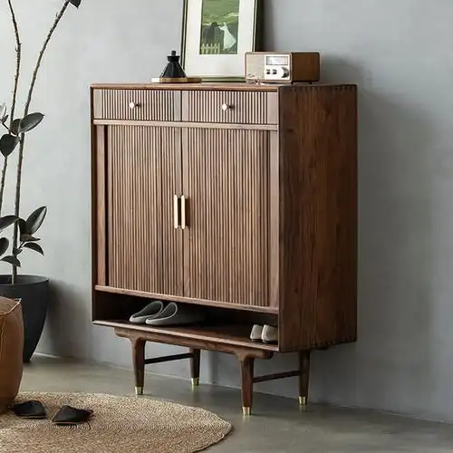 北欧黑胡桃木鞋柜 全实木进门玄关柜 复古透气樱桃木储物收纳柜