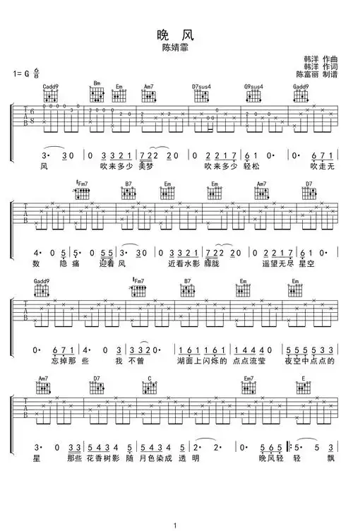 晚风吉他谱陈婧霏g调弹唱谱晚风六线谱