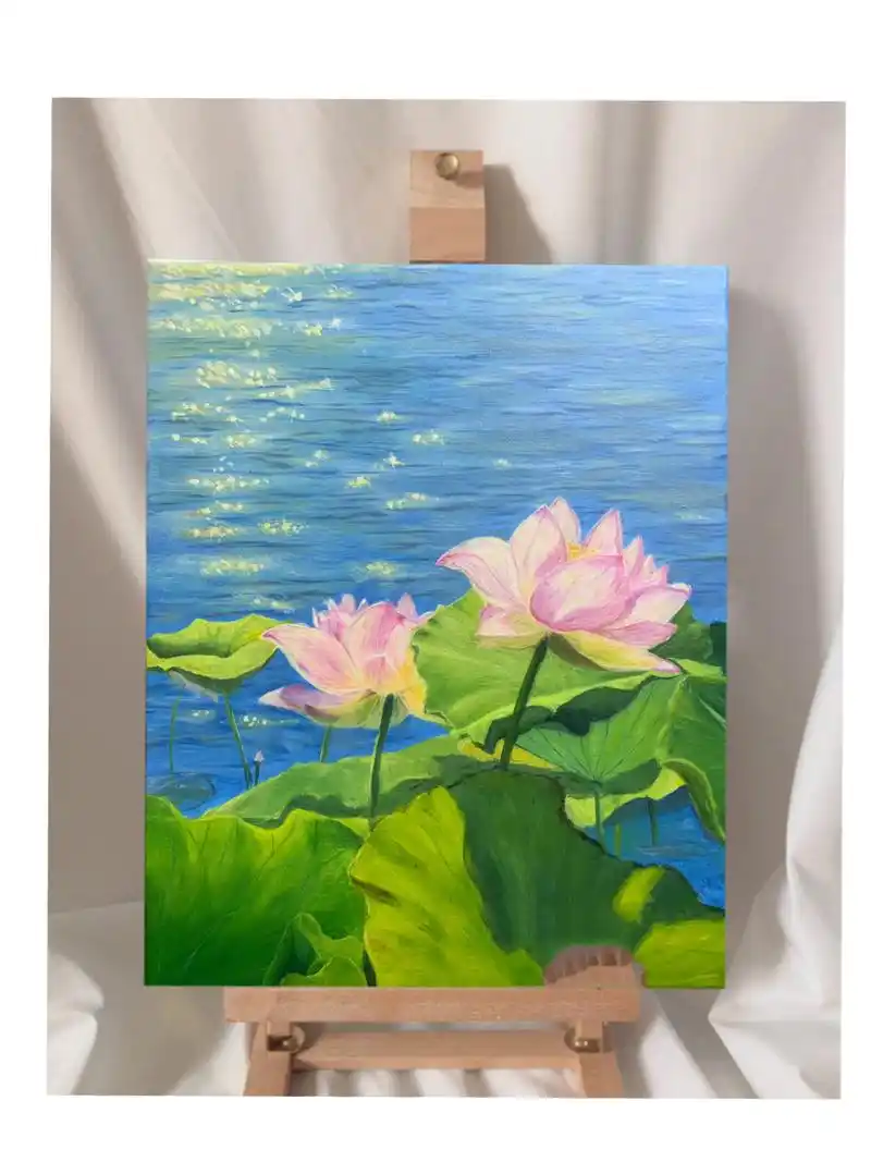 荷花03 丙烯画-附过程图 总算是画完了91 	 用色: 水面:钛青蓝