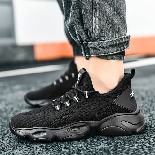 file菲乐夏季男鞋透气飞织网面鞋内增高全白色运动休闲鞋纯黑色耐