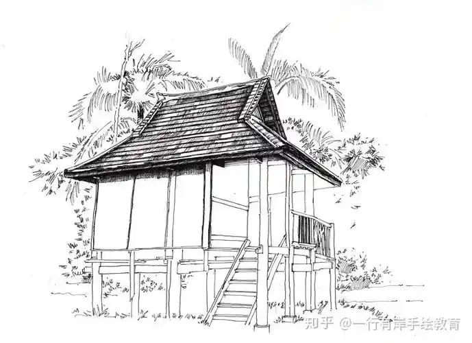 一行手绘钢笔画 傣族竹楼60