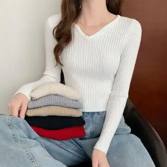 lachapellesport拉夏贝尔设计感v领长袖针织衫女秋冬薄款毛衣新款韩版