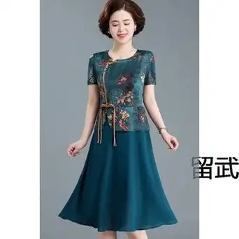 lw小个子妈妈夏装高档裙子中年女雪纺连衣裙中老年人遮肚复古旗袍