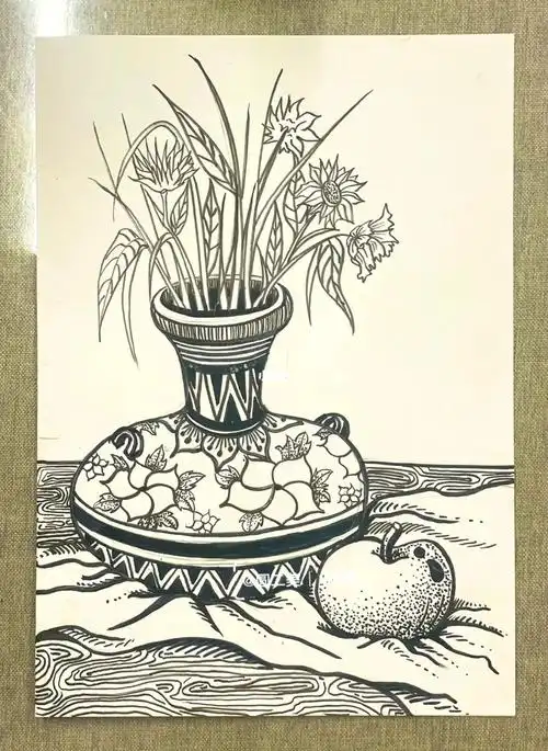 静物2花苹果写生线描装饰画插画