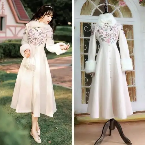 冬季民国国风女装复古宫廷洋装毛领绣花加厚瑜伽套装