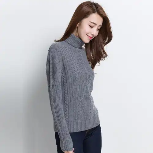 恒源祥纯羊绒毛衣女高领秋冬套头打底衫麻花针织衫粗毛线羊绒衫