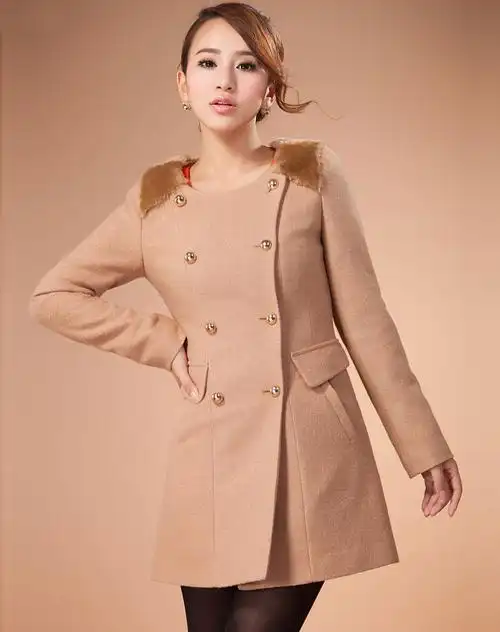 深米色双排扣长款长袖大衣
