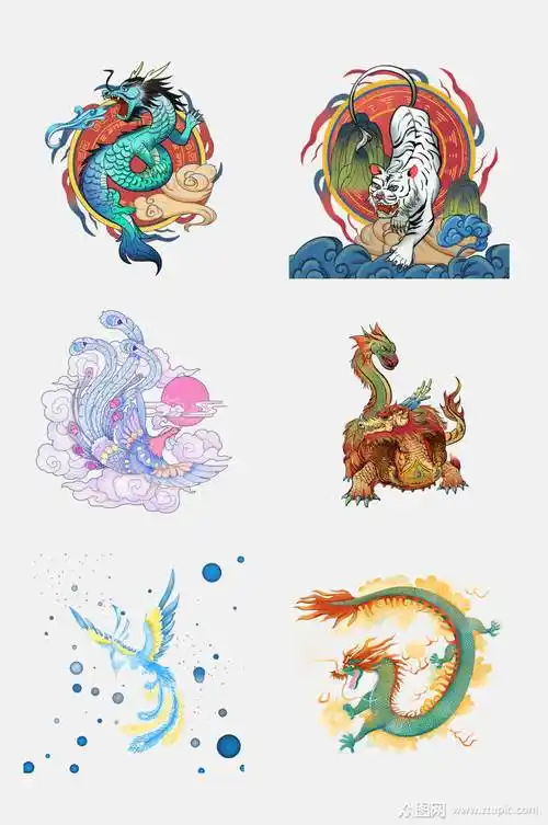 国潮唯美手绘中国传统神兽免抠元素