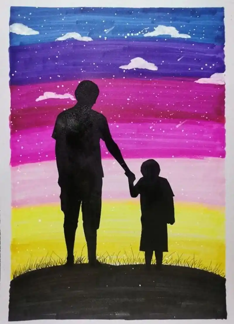 【父亲节】创意儿童画|父亲节剪影|水彩画
