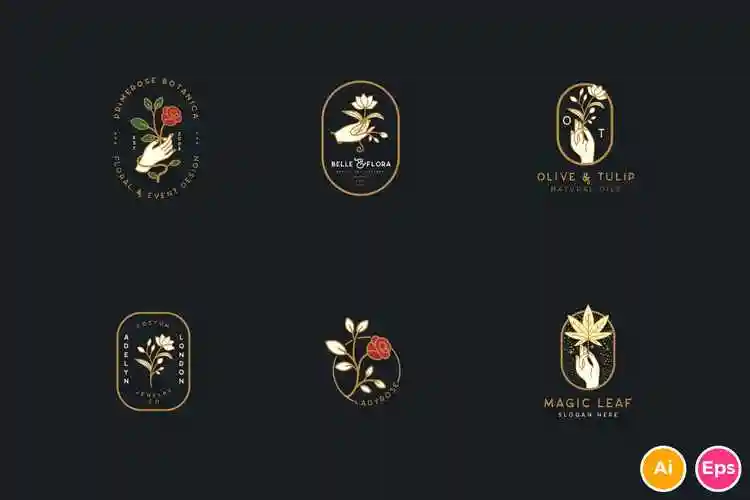 优雅花卉植物手绘logo设计模板v1elegantfloralbotanicalhandlogosvol