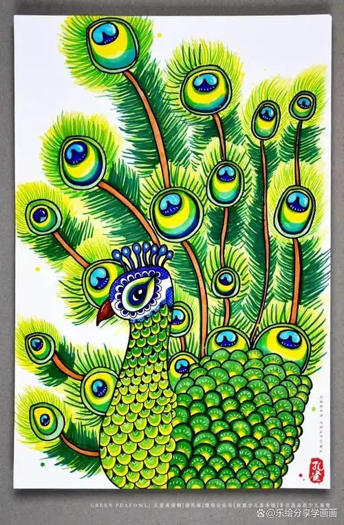 儿童画教程|动物世界儿童美术教案——美丽的绿孔雀