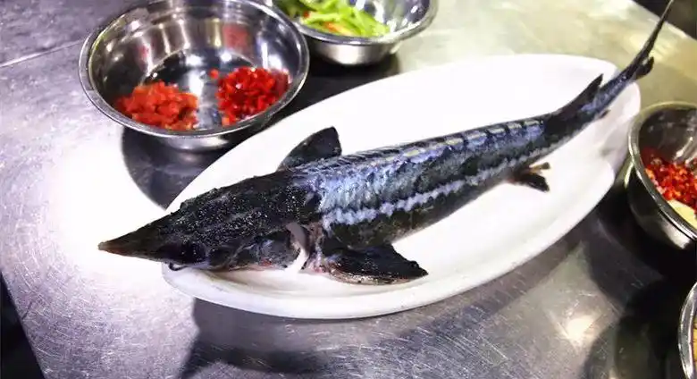 改好刀的中华鲟配料鱼下锅了操作娴熟的样子浓稠的汤汁出锅啦!