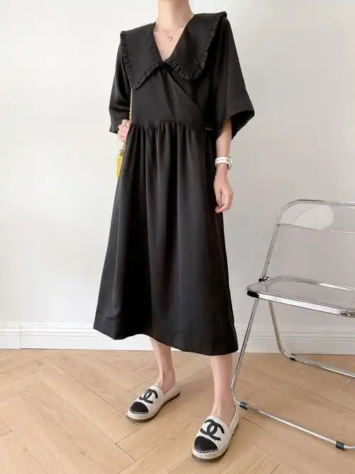 春夏oversize宽松复古荷叶边彼得潘v领廓形中长连衣裙