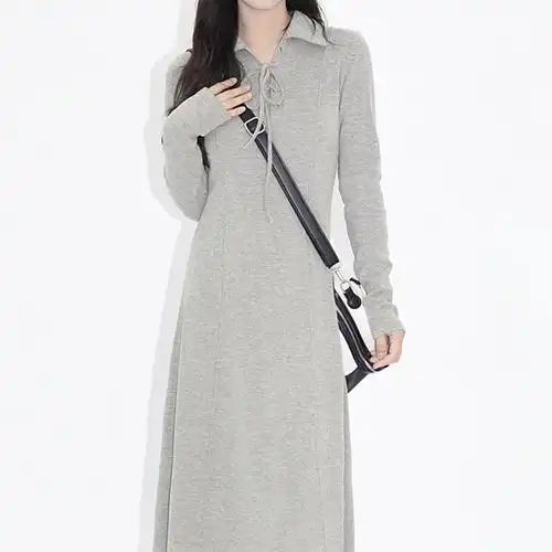 灰色polo领针织连衣裙子女秋冬季内搭打底温柔长裙气质名媛高级感