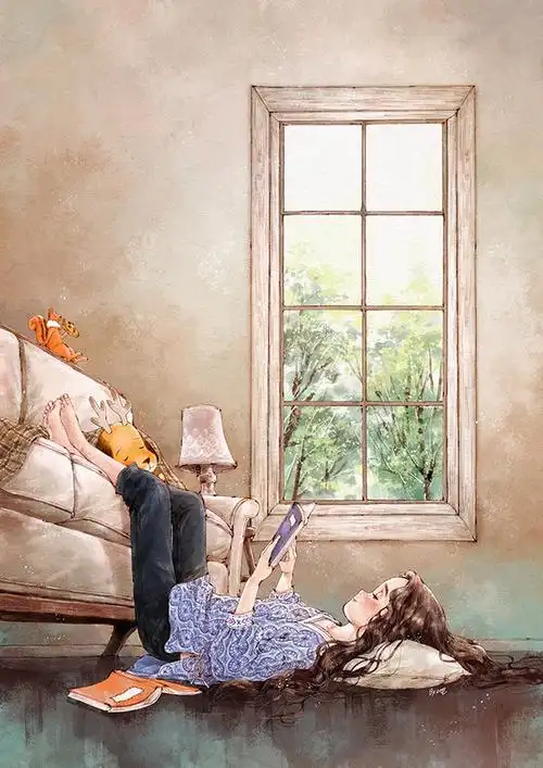 躺在沙发上补觉躺在地上阅读漫画属于我们的慵懒时光来自韩国插画家