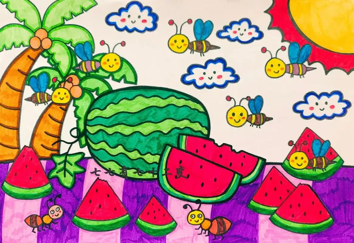 夏天,天气越来越热,来画一幅西瓜儿童画吧.#创作灵感  夏天 - 抖音